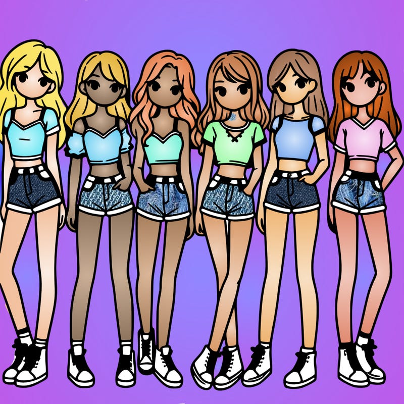 a group of girls wearing crop tops and shorts