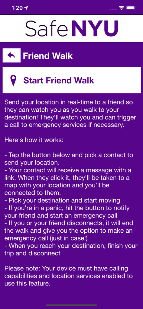 Función Friend Walk de la aplicación Safe NYU mostrando instrucciones para compartir la ubicación en tiempo real con un amigo.