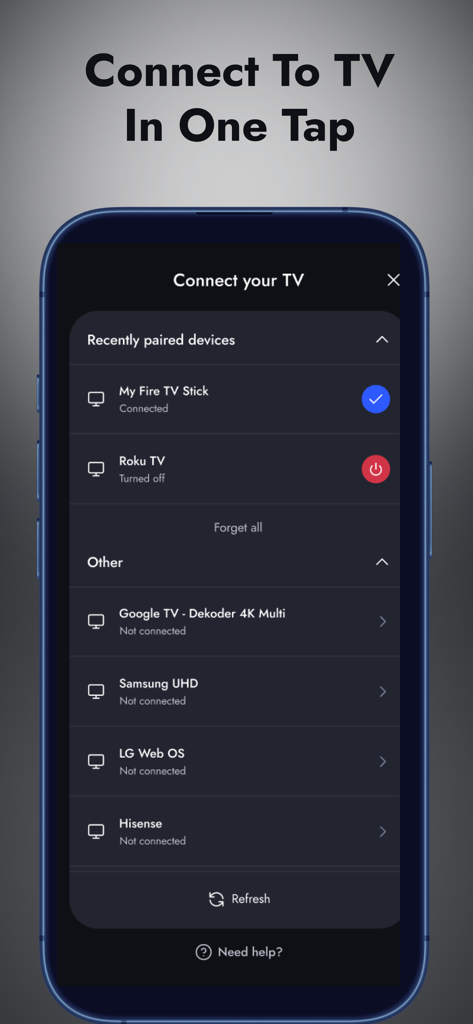 Interface of the universal TV remote app showing a list of compatible devices including Fire TV, Roku, and Samsung for quick connection