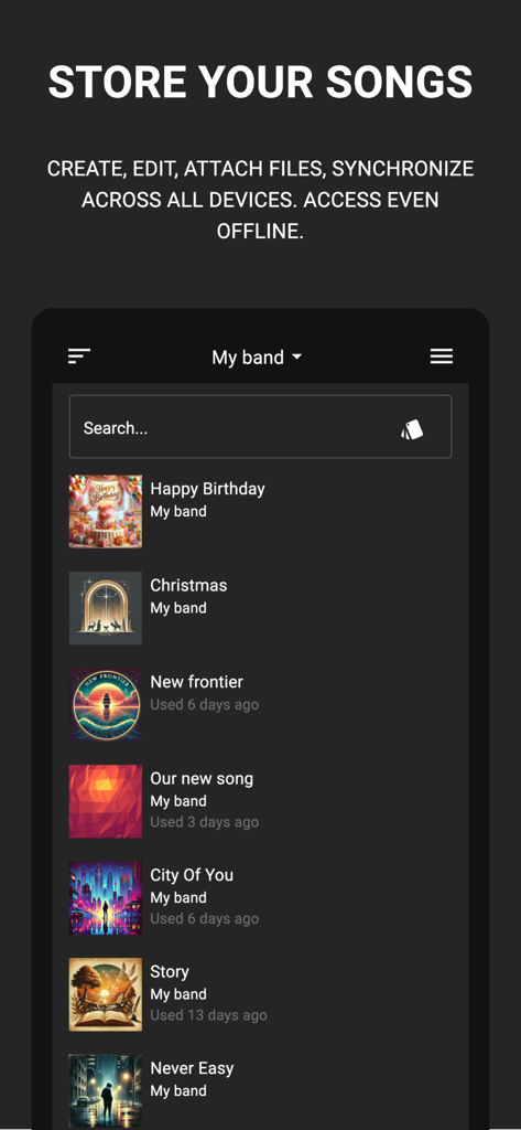Bandfix: Songbook & Setlists - Interface of the Bandfix app showing a list of songs in the digital songbook with offline access
