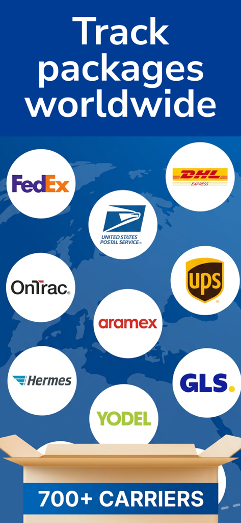 Package & Parcel Tracker App - Interfaz de la app de rastreo de paquetes global que muestra logotipos de los principales transportistas como FedEx UPS y DHL