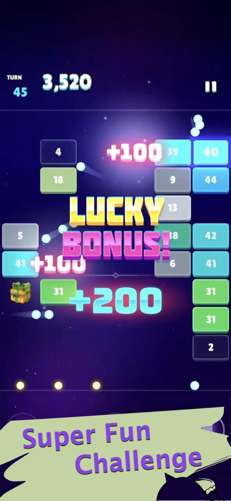 Cartoon Bricks Breaker - Cartoon Bricks Breaker game interface showing physics balls hitting bricks with a lucky bonus message