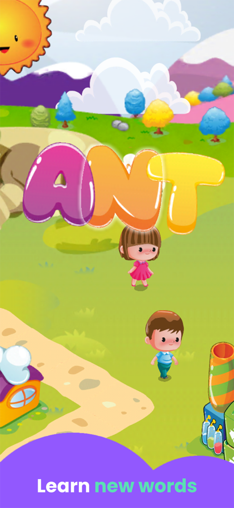 Spelling City Games for Kids - Ein Screenshot der Spelling City App, der das Wort AMEISE in bunten Buchstaben und zwei Cartoon-Kinder in einer hellen Landschaft zeigt