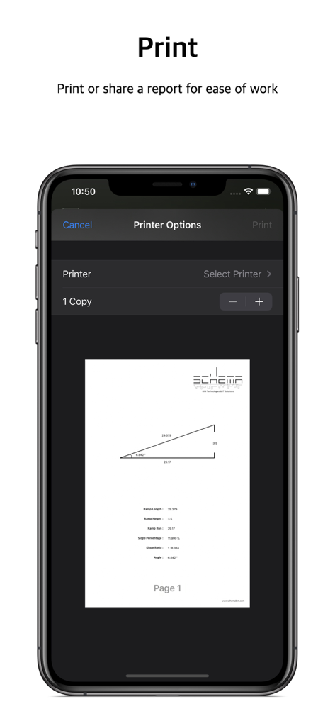 Slope Calculation Tool - A smartphone screen displaying a print preview of a ramp slope calculation report including a technical diagram and detailed measurements