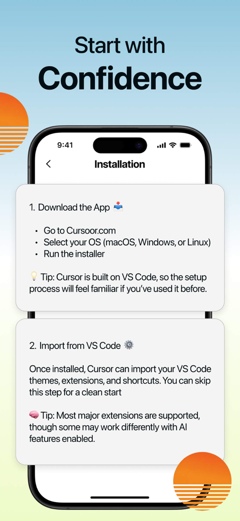 Cursor AIのインストール手順を示すBase44ガイドアプリのスクリーンショット。