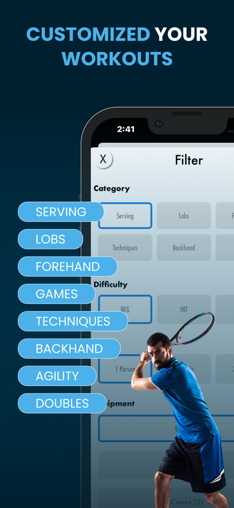 Tennis Trainings Coaching - Tennis training app interface showing workout category filters and difficulty settings