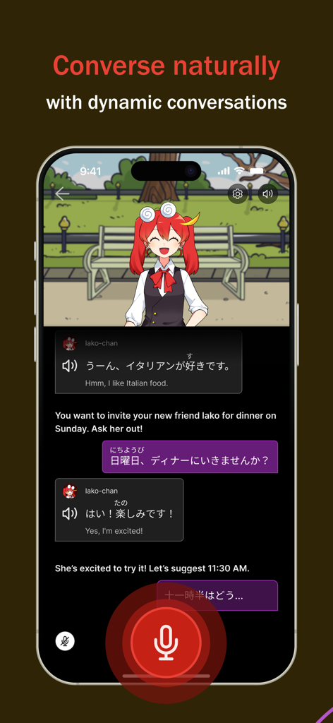 iago - Learn Japanese - Mobile app screen showing a Japanese language conversation with an anime character and a microphone button for speaking practice.