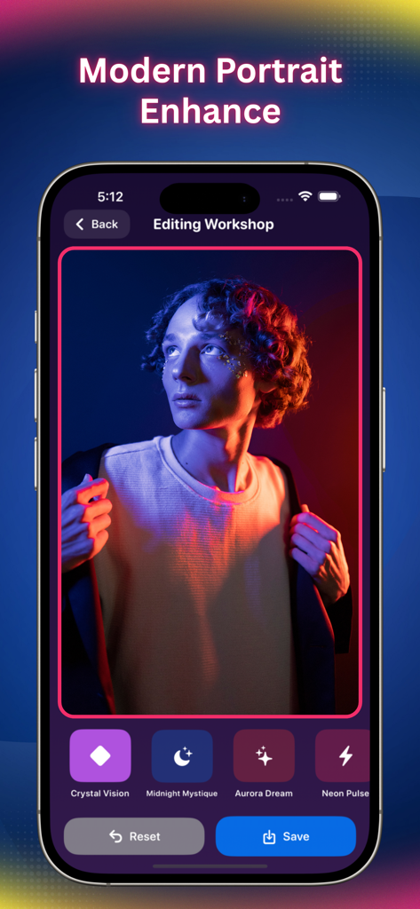 Aura AI Photo Magic - Interfaz de la aplicación Aura AI Photo Magic demostrando la mejora moderna de retratos con filtros de iluminación de neón.