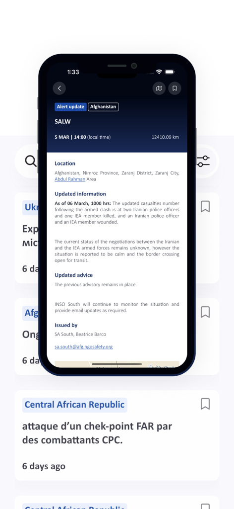 INSO - INSO mobile app displaying a detailed security alert report for Afghanistan with location info and safety advice