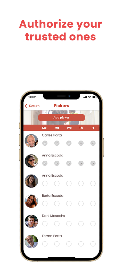 Qualla Family app interface showing a list of authorized individuals for child school pickup across different days of the week