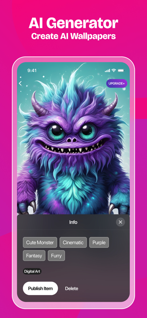 Pantalla de la aplicación Zedge que muestra un fondo de pantalla de un monstruo morado generado por IA con etiquetas descriptivas y un botón de publicar.