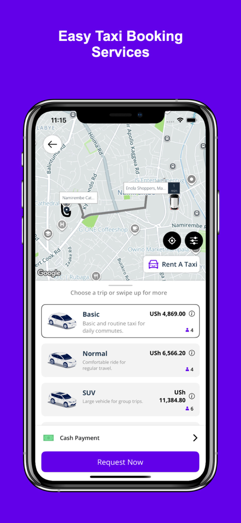 Lyf. - Interfaz de reserva de taxis de la app Lyf mostrando opciones de viaje y un mapa de Kampala, Uganda