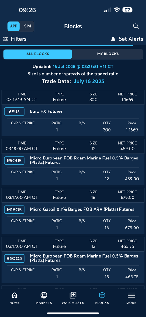 CME Group Mobile - A real-time list of block trades for futures including Euro FX and Marine Fuel on the CME Group Mobile app interface