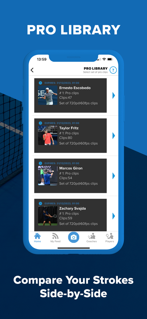 Full Court Tennis - Full Court Tennis app Pro Library screen featuring professional tennis player video clips.