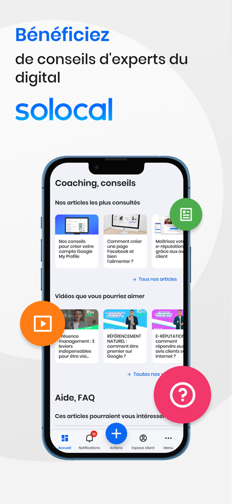 Solocal Manager - Solocal Manager app screen displaying digital marketing articles and coaching videos for small business owners