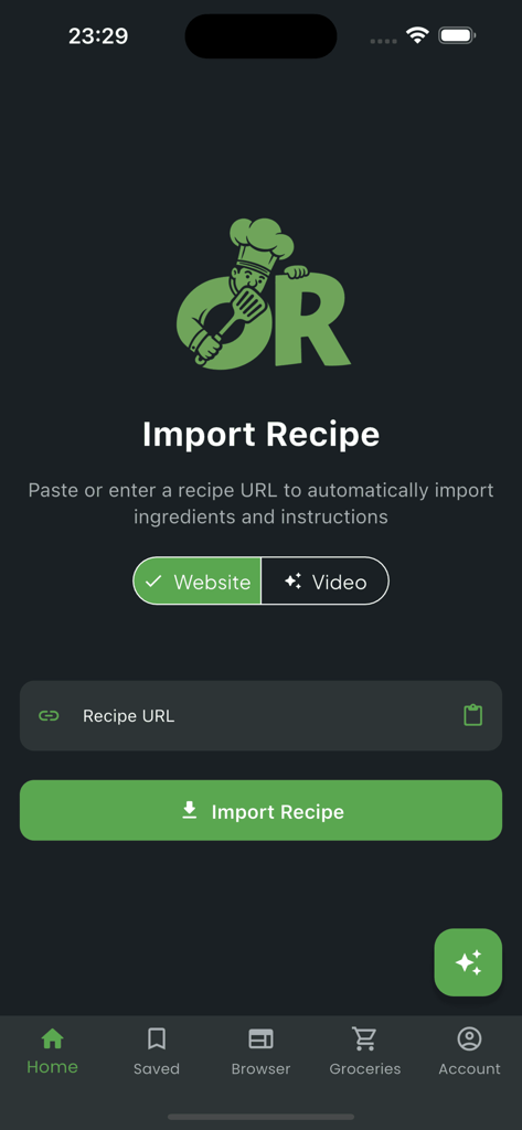 Only Recipe app user interface showing the screen to import recipe ingredients and instructions from a website or video URL.
