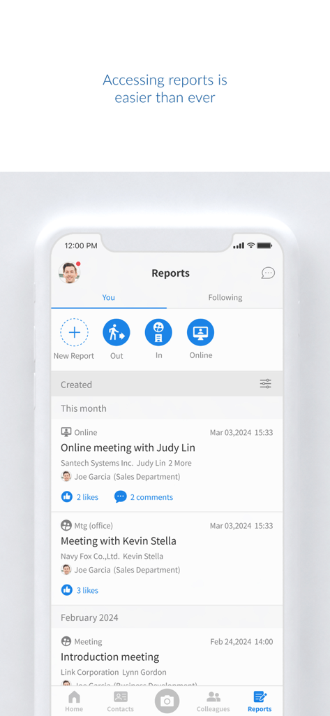 Sansan - Sansan app screen displaying a list of recent business meeting reports and contact activities