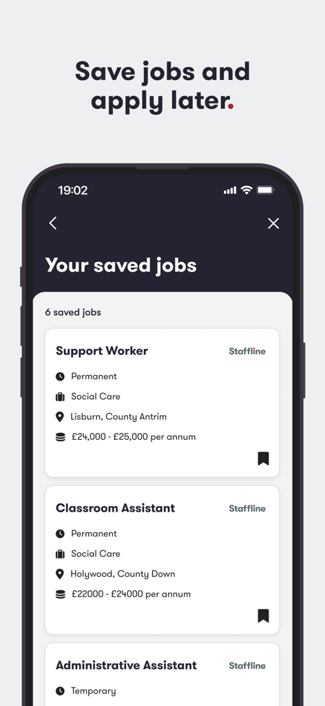 Staffline - A mobile interface from the Staffline recruitment app showing a list of saved jobs such as Support Worker and Classroom Assistant.