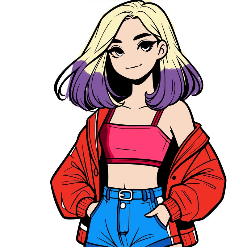 a realistic girl with a crop top and short shorts in an open jacket
