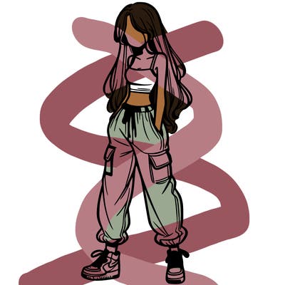 girl in baggy pants crop top and long hair