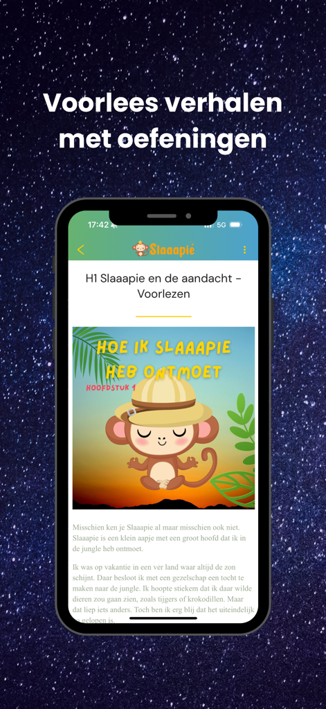 Slaaapie - slaaphulp voor kids - Slaaapie app interface showing a bedtime story with a meditating monkey character in the jungle