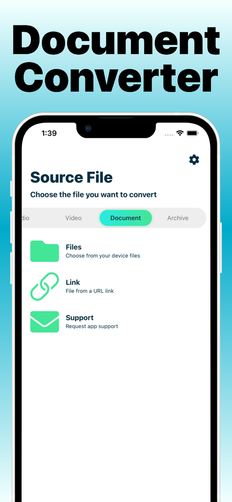 File Converter to the Formats - A screenshot of the File Converter app interface for selecting a document source file from device files or a link.