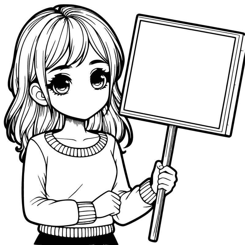 a realistic girl holding a sign