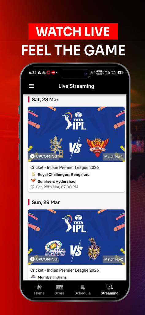 Sandbrix - Sandbrix mobile app screenshot displaying a live cricket streaming schedule for the Indian Premier League.