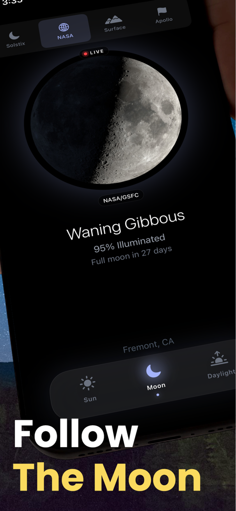 Solstix - Solstix app interface showing a live Waning Gibbous moon phase with illumination percentage