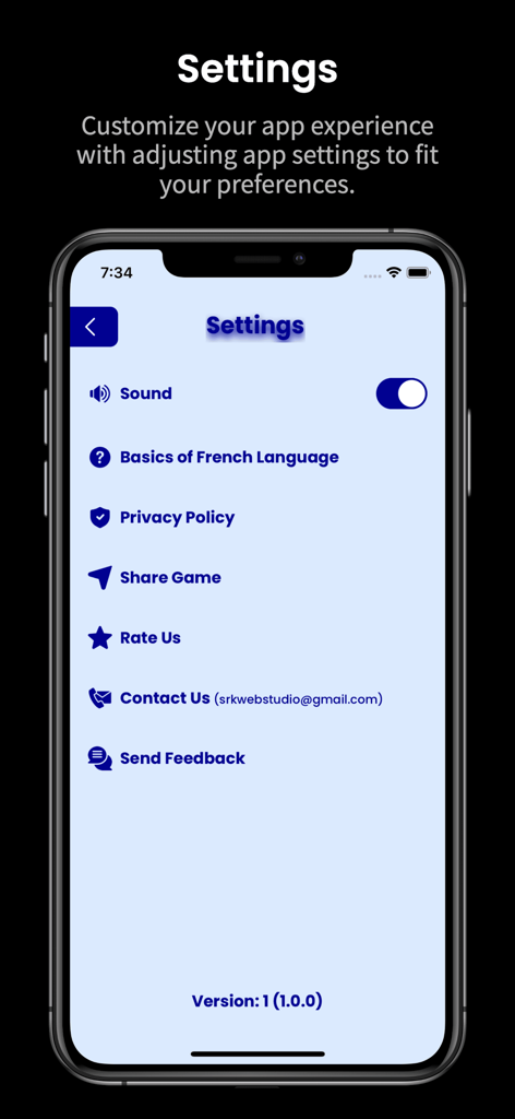 Einstellungsmenü der App Learn French Verb Forms mit Optionen für Sound-Steuerung und akademische Ressourcen