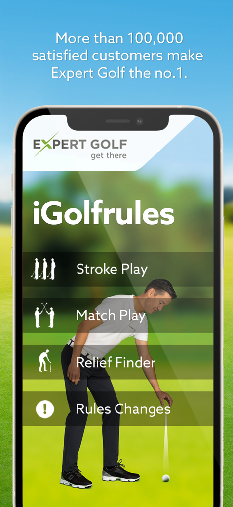 Main menu of the Expert Golf iGolfrules app showing options for stroke play match play and relief finder