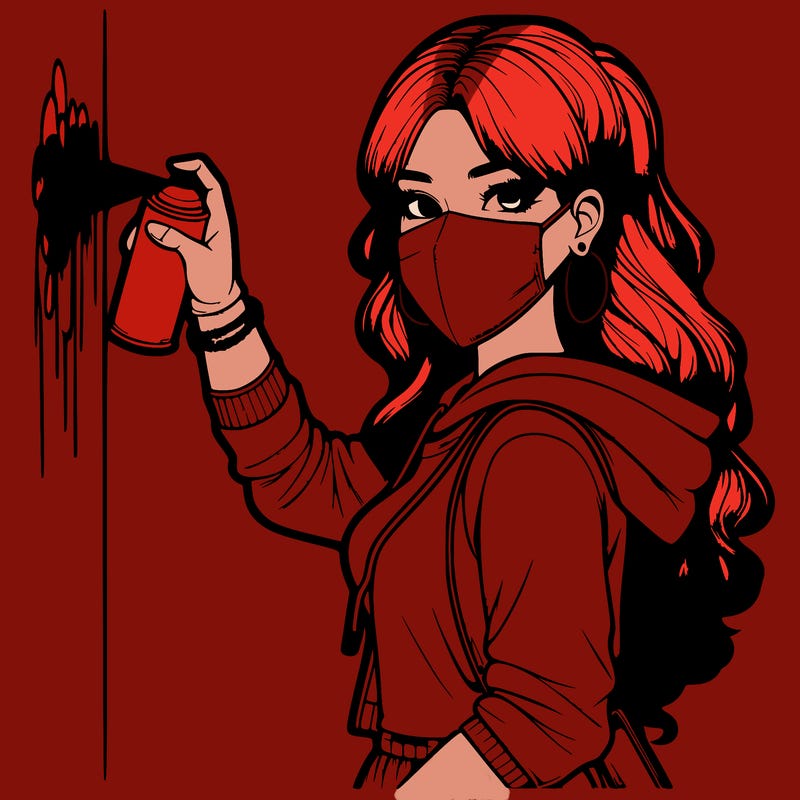 realistic girl with mask spray painting a wall