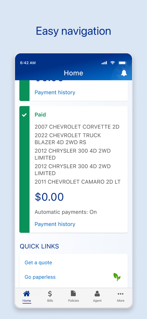 Farmers Insurance Mobile - Farmers Insurance mobile app dashboard showing payment history and vehicle policy details