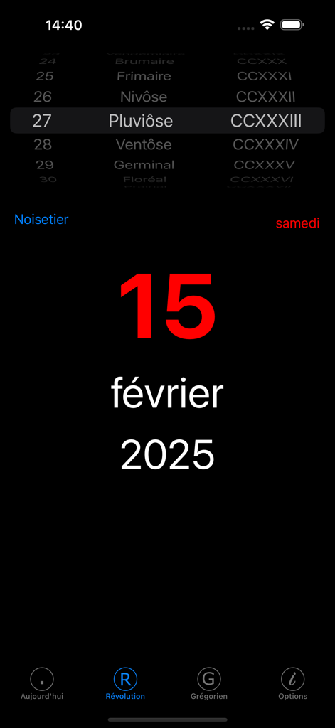 Interfaz de la aplicación Prairial mostrando la conversión entre la fecha gregoriana 15 de febrero de 2025 y el mes Pluviose del calendario revolucionario francés