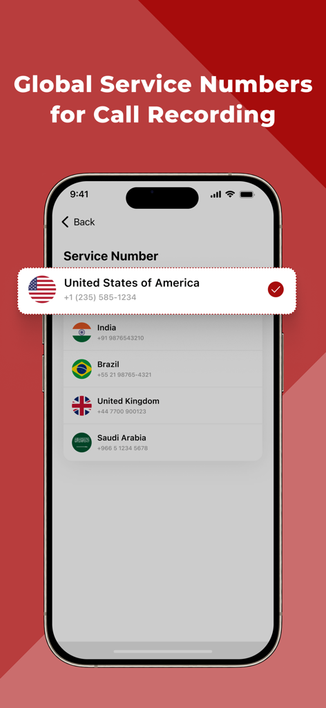 Interface showing international service numbers for call recording across countries like USA India and UK