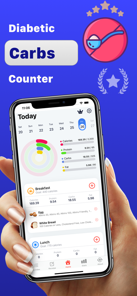 Diabetic carb counter - A person holding an iPhone displaying the Diabetic Carb Counter app dashboard showing daily nutrition and carb tracking