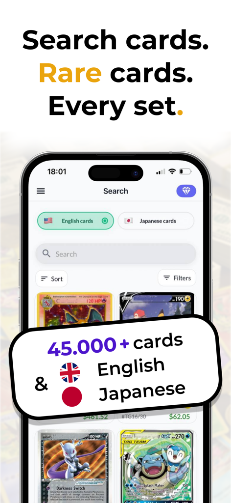 TCG Collector & Card Scanner - Pokely app search screen featuring English and Japanese Pokemon TCG cards with filtering options.