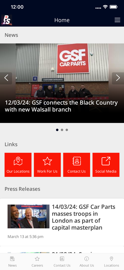GSF Pitstop - Pantalla de inicio de la aplicación GSF Pitstop que muestra noticias de la industria automotriz y botones de acceso rápido para ubicaciones y carreras