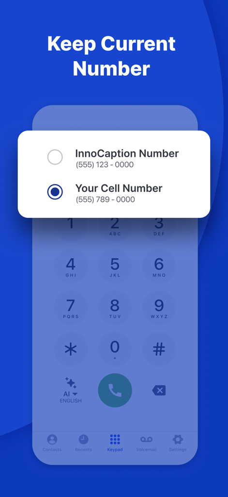 InnoCaption: Call Captioning - InnoCaption app interface showing the option to keep your existing cell number for captioned calls.