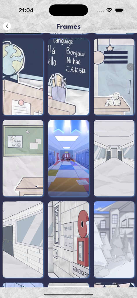 FPE OC Maker - FPE Stickers - A selection of school-themed paper-style background frames including classrooms and hallways