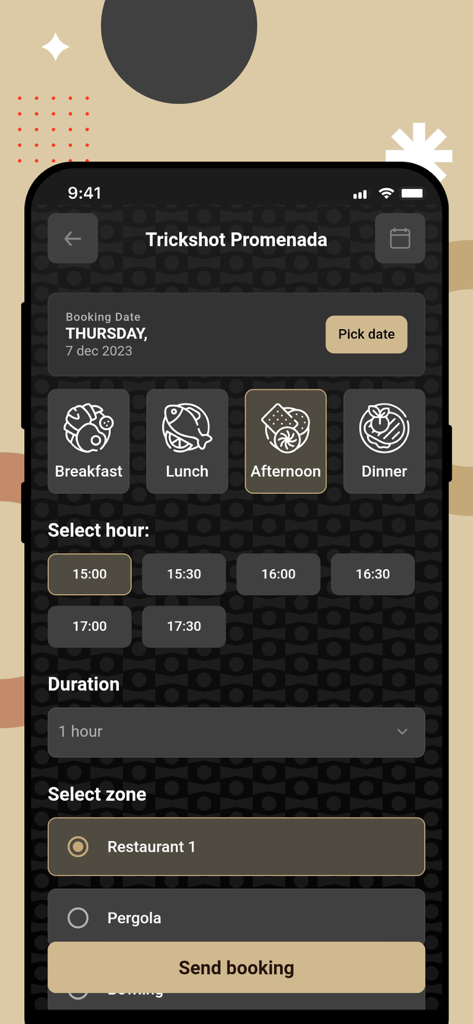 Mobile app interface for making a restaurant reservation with date time and zone selection