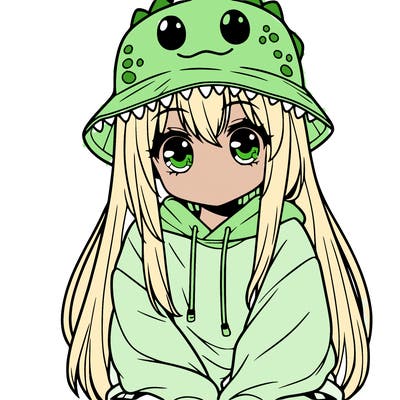 girl with anime shaped eyes with a dinosaur bucket hat oversized sweatshirt long straight hair