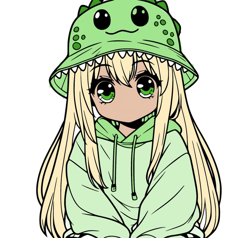 girl with anime shaped eyes with a dinosaur bucket hat oversized sweatshirt long straight hair