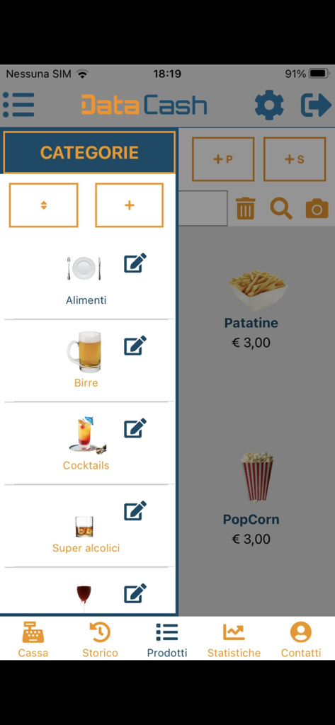 Data Cash - Data Cash mobile app interface displaying a menu of product categories such as food and drinks with corresponding items like popcorn and fries.