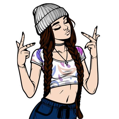 realistic teenage girl with braids and a beanie and crop top doing 🫶🏼
