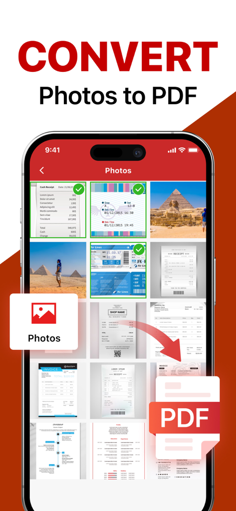 複数の写真や書類を選択してPDFファイルに変換するモバイルアプリのインターフェースを表示しています。