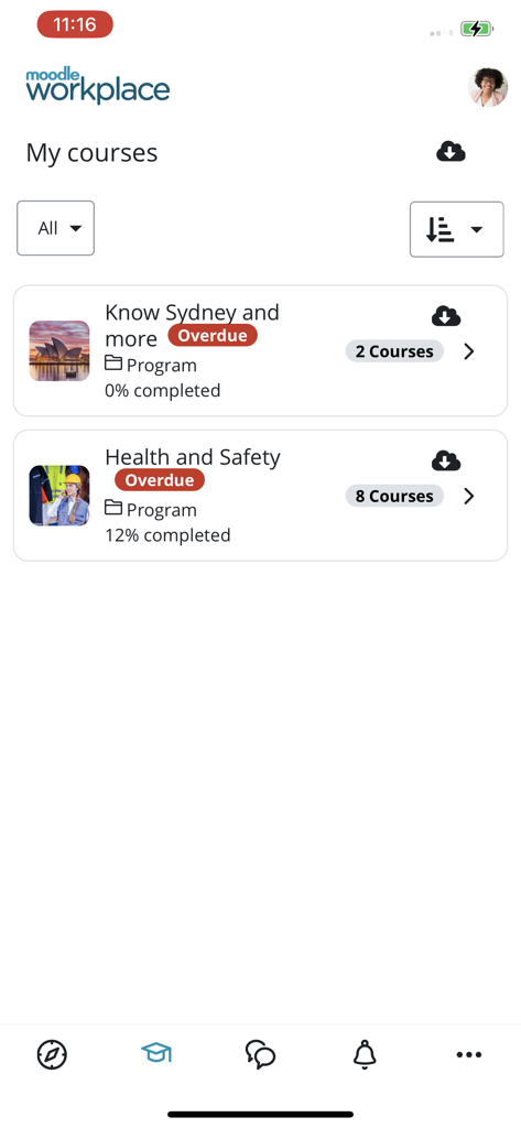 Moodle Workplace - Screenshot of the Moodle Workplace app showing the My courses dashboard with overdue training programs and progress bars