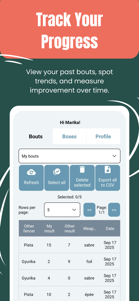 Calibur - A list of past fencing bout results and weapon types in the Calibur app