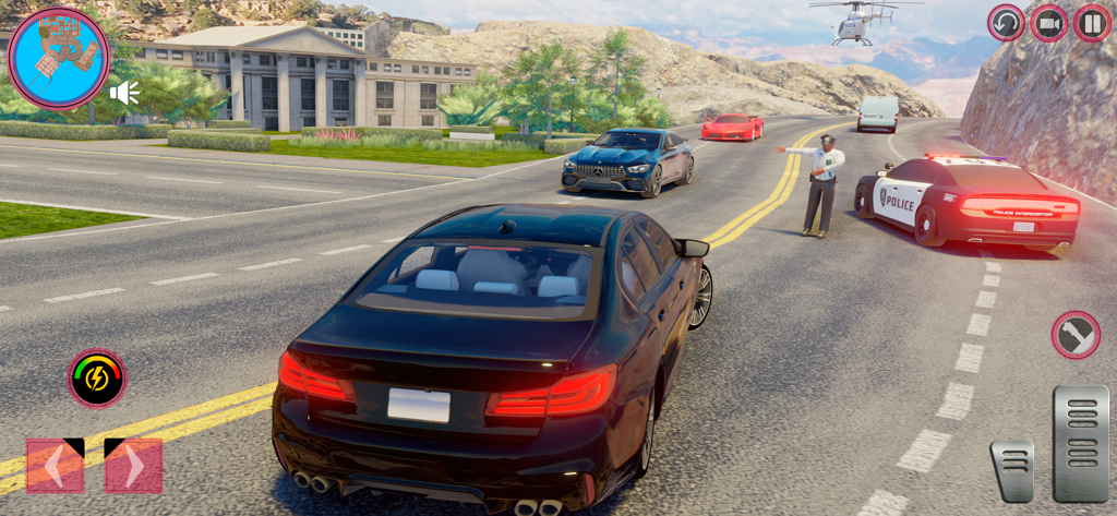 Gameplay screenshot of Car Simulator Multiplayer 2026 showing a black car stopped by a police officer on an open road with other luxury vehicles