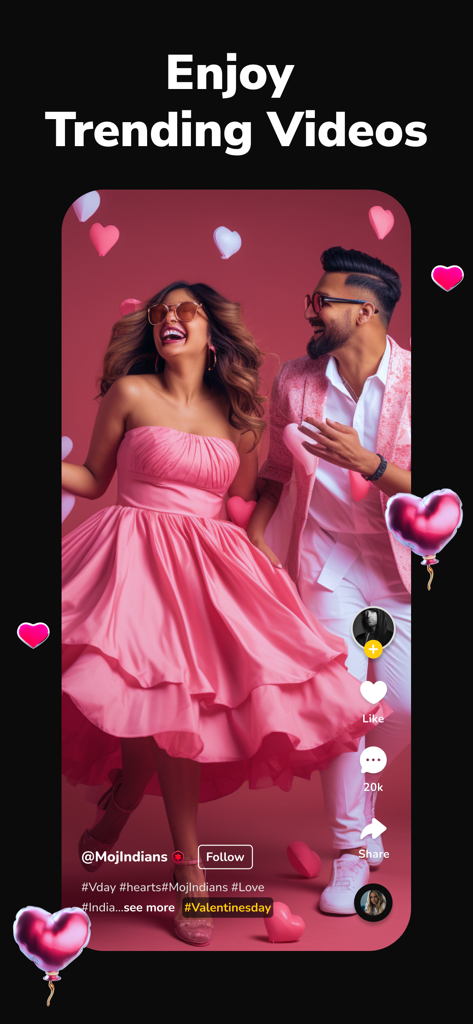 Moj: Video Live & Short Videos - Mojアプリのインターフェイス、浮遊するハートバルーンが付いた、お祭り風のピンクの衣装を着たカップルの人気のショート動画が表示されている